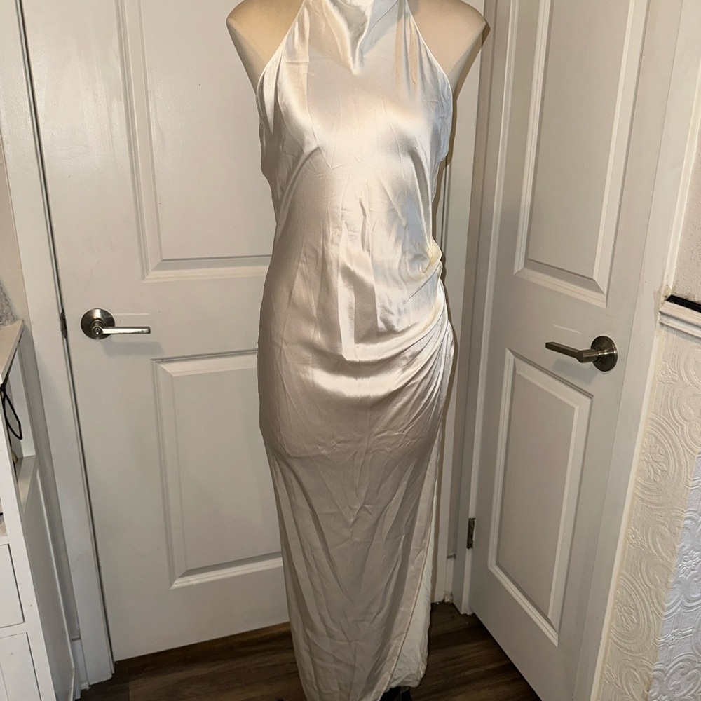 Amanda Uprichard Cream Satin Halter Maxi Dress